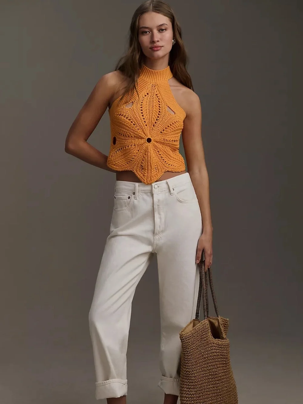 By Anthropologie Halter Flower Sweater Tank
